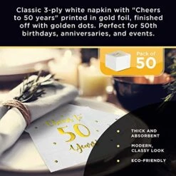 Cheers To 50 Years Cocktail Napkins | Happy 50th Birthday Decorations For Men And Women And Wedding Anniversary Party Decorations | 50-Pack 3-Ply Napkins | 5 X 5 Inch Folded (White) -Peugeot Shop 51jdOXo4bTL