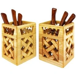 , Premium Utensil Holder 2 Set In Rustic Wood For Farmhouse Kitchen Decor, Countertop Organizer And Cooking Tools Storage, 100% Ash Wood