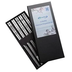 Stainless Chopsticks Reusable, 5 Pairs Premium Metal Chopsticks Dishwasher Safe Elegant Laser Engraved Non-slip Chop Sticks Pack Square Lightweight Chopstick Gift Set For Cooking Eating