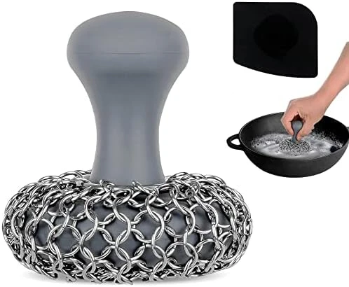 Cast Iron Scrubber + Pan Scraper, Upgraded Cast Iron Cleaner With Ergonomic Handle, Chainmail Scrubber For Cast Iron Pans And Skillets, Dishwasher Safe (Black, 1 Scrubber + 1 Scraper) 6 Cast Iron Scrubber + Pan Scraper, Upgraded Cast Iron Cleaner With Ergonomic Handle, Chainmail Scrubber For Cast Iron Pans And Skillets, Dishwasher Safe (Black, 1 Scrubber + 1 Scraper) - Image 6