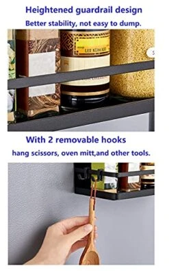 2 Pack Magnetic Spice Rack With 4 Removable Hooks, Refrigerator Storage Organizer For Spices, Magnetic Shelf For Refrigerator, Drill Free(Black) -Peugeot Shop 51kdVs5bChL