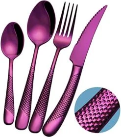 16-Piece ​Modern Black Hammered Silverware Set With Ultra Sharp 2-IN-1 Serrated Knive, 18/10 Stainless Steel Flatware Set, Titanium ​Plated Cutlery Set Service For 4, Reusable, Dishwasher Safe -Peugeot Shop 51kzJriMuGL. AC