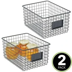 MDesign Large Steel Wire Storage Organizer Bin Baskets With Label Slot - Kitchen Pantry, Bathroom, Cabinet, Cupboard, Organizing Holder For Food, Snacks, Produce - Omaha Collection - 2 Pack - Black