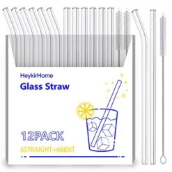 12-Pack Disposable Glass Straw,Size 8.5''x10 MM,Including 6 Straight And 6 Bent With 2 Cleaning Brush- Perfect For Smoothies, Tea, Juice