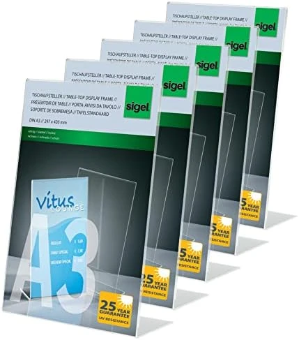 Sigel IGEL TA230 Sign Holder, Slanted, For A4, With Business Card Compartment, Acrylic, Transparent, 5 Pcs. 7 Sigel IGEL TA230 Sign Holder, Slanted, For A4, With Business Card Compartment, Acrylic, Transparent, 5 Pcs. - Image 7