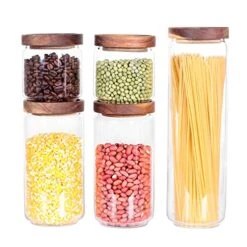 Glass Canisters Set Of 5 For The Kitchen, Glass Storage Container Jars With Airtight Acacia Lid For Coffee Beans, Flour, Sugar, Rice And Spaghetti And Etc