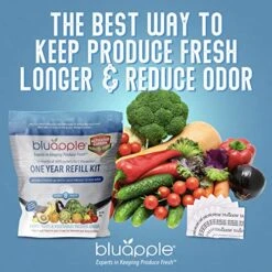 Bluapple 1-Year Carbon Refill Kit - Keep Fruits & Vegetables Fresh Longer & Help Absorb Odors, 8 Packets With Carbon, Fruit & Vegetable Storage, Ethylene Gas Absorber For Fridge, Made In USA