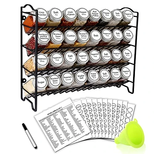 SWOMMOLY Spice Rack Organizer With 32 Empty Square Glass Spice Jars, 386 White Spice Labels With Chalk Marker And Funnel Complete Set, Seasoning Organizer For Countertop, Cabinet Or Wall Mount 1 SWOMMOLY Spice Rack Organizer With 32 Empty Square Glass Spice Jars, 386 White Spice Labels With Chalk Marker And Funnel Complete Set, Seasoning Organizer For Countertop, Cabinet Or Wall Mount