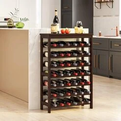Songmics 42-Bottle Wine Rack Free Standing Floor, 7-Tier Display Wine Storage Shelves With Table Top, Bamboo Wobble-Free Bottle Holder For Kitchen Bar Dining Room Living Room, Espresso UKWR27BR -Peugeot Shop 51mgK8X1EEL