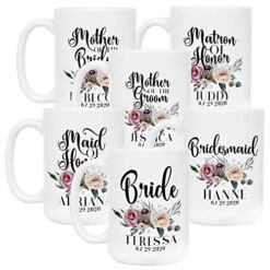 Et Of 6 - Personalized Bridesmaid Coffee Mug Gifts W/Free Customization - 15oz Ceramic Mug - Matron Of Honor, Mother Of The Bride, Maid Of Honor, Bridesmaid Gifts, Bachelorette Gift - Floral