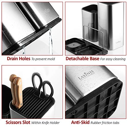 Knife Holder And Utensil Holder - Stainless-Steel Modern Rectangular Design Universal Knife Block And Kitchen Utensils Organizer For Counter-top 2 Knife Holder And Utensil Holder - Stainless-Steel Modern Rectangular Design Universal Knife Block And Kitchen Utensils Organizer For Counter-top - Image 2