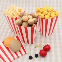 24 Pack Popcorn Box Popcorn Bag Popcorn Bucket Striped Wavy Paper Popcorn Container Cardboard Candy Container For Party Carnival Movie Night