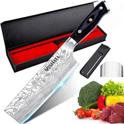 7” Nakiri Chef's Knife With Finger Guard And Blade Guard In Gift Box, German High Carbon Stainless Steel EN1.4116 Nakiri Vegetable Knife, Multipurpose Kitchen Knife With Micarta Handle