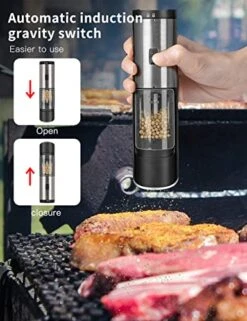 Battery Operated Gravity Electric Salt And Pepper Grinder Mill Set With White Light Stainless Steel One Hand Automatic Operation Refillable With Adjustable Coarseness (Black&white,2 Pack) -Peugeot Shop 51nw2usbGPL