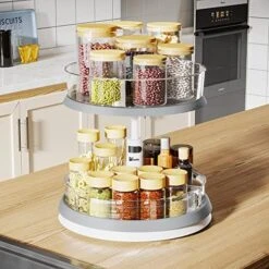 2-Tier Lazy Susan Turntable And Height Adjustable Cabinet Organizer With 1x Large Bin And 3 X Divided Bins, Removable, Clear Spice Rack Organizer For Cabinet, Pantry, Kitchen (2 Tier W/Bins) -Peugeot Shop 51nwx5bd qL. AC