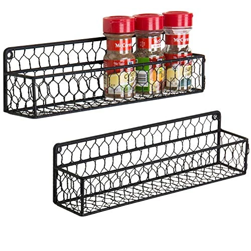 MyGift Wall Spice Racks, 12-Inch Black Chicken Wire Hanging Kitchen Seasoning Condiment Organizer Shelf, Set Of 2 1 MyGift Wall Spice Racks, 12-Inch Black Chicken Wire Hanging Kitchen Seasoning Condiment Organizer Shelf, Set Of 2