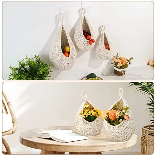 Hanging Fruit Baskets For Kitchen - 3 Pack Boho Wall Hanging Basket With 6 Pcs Strong Hooks, Handwoven Hanging Holder Teardrop Home Produce Basket For Fruits Vegetable Potato Onion Storage (White) 4 Hanging Fruit Baskets For Kitchen - 3 Pack Boho Wall Hanging Basket With 6 Pcs Strong Hooks, Handwoven Hanging Holder Teardrop Home Produce Basket For Fruits Vegetable Potato Onion Storage (White) - Image 4