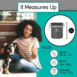 Nister – 6” Stainless Steel Airtight Coffee Containers For Ground Coffee W/Date Tracker, Co2-Release Valve, Measuring Scoop & Travel Jar - Medium, Gray