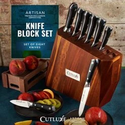 UTLUXE 8pcs Knife Block Set – Razor Sharp Knives With Full Tang Design – Forged Of High Carbon German Steel – Natural Acacia Wood Block – Artisan Series