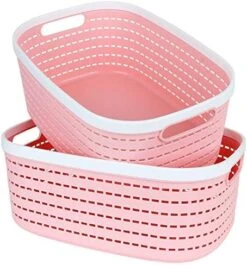 2 Pack Plastic Storage Basket Pink, Large Plastic Woven Basket With Portable Handle, Kitchen Pantry Refrigerator Desktop Storage Boxes For Cabinet Freezer Bathroom Closet, 15” X 10” X 6” -Peugeot Shop 51olGxgyF L. AC