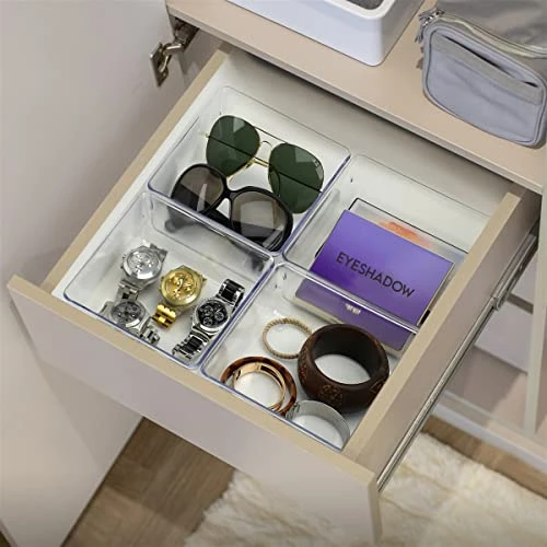 Desk Drawer Organizer Box Tray Storage Bins Modular Divider For Home, Kitchen, Office And Storage (Clear Crystal Plastic) (4 Pack - 6.25" X 6.25" X 2.13") 3 Desk Drawer Organizer Box Tray Storage Bins Modular Divider For Home, Kitchen, Office And Storage (Clear Crystal Plastic) (4 Pack - 6.25" X 6.25" X 2.13") - Image 3