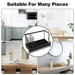 Sink Caddy, Kitchen Sink Organizer Caddy With Drain Pan Try Sponge Scrubber Brush Dishrag Dishcloth Holder Rack Counter Stainless Steel Rustproof - Black