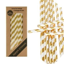 125 PCS Gold Striped Paper Straws Metallic Drinking Decoration 100% Biodegradable - Boxed 5 Individual Packs Of 25 Units