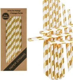 125 PCS Gold Striped Paper Straws Metallic Drinking Decoration 100% Biodegradable - Boxed 5 Individual Packs Of 25 Units -Peugeot Shop 51pDq03xMtS. AC