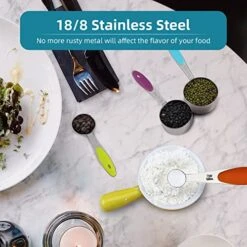 Measuring Cups And Spoons Set, Measuring Spoons Set In 18/8 Stainless Steel, Includes 5 Cups, 5 Spoons And 2 Hooks, Measuring Cup Set With Colourful Silicone Handle For Cooking & Baking -Peugeot Shop 51pYav8NCuL