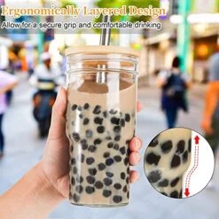 4 Pack Drinking Jars, Glass Drinking Cups With Bamboo Lid And Straw,22oz Iced Coffee Cups-Reusable Mason Jar Drinking Glasses For Bubble Tea, Beer, Smoothie -Peugeot Shop 51pcadPwFHL 1