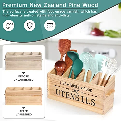 Utensil Holder, Extra Large Kitchen Utensil Holder For Countertop, Wood Utensil Holder With Handle, Kitchen Utensil Organizer Cooking Tools Storage (Utensil Not Included) 3 Utensil Holder, Extra Large Kitchen Utensil Holder For Countertop, Wood Utensil Holder With Handle, Kitchen Utensil Organizer Cooking Tools Storage (Utensil Not Included) - Image 3