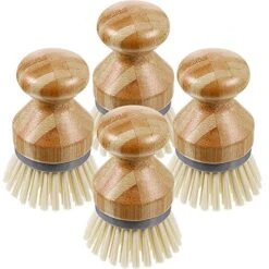 4 Pieces Wooden Dish Brush With Holders Bamboo Round Mini Palm Scrub Brush Stiff Bristles Pot Brushes For Wash Dishes, Pots, Pans, Vegetables, Kitchen Sink, Bathroom, Household Cleaning