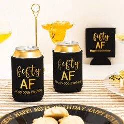 Fifty Can Cooler, 50th Birthday Decorations Beer Sleeve Party Favor, Can Covers With Insulated Covers, 12-Ounce Neoprene Coolers For Soda, Beer, Can Beverage, 12 Black Gold -Peugeot Shop 51pmvrSbCNL