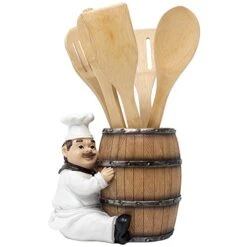 French Chef Pierre Decorative Countertop Utensil Holder Crock With Faux Wood Wine Barrel Display Stand Table Statue For Country Cottage Decor & Gourmet Kitchen Decorations As Housewarming Gifts