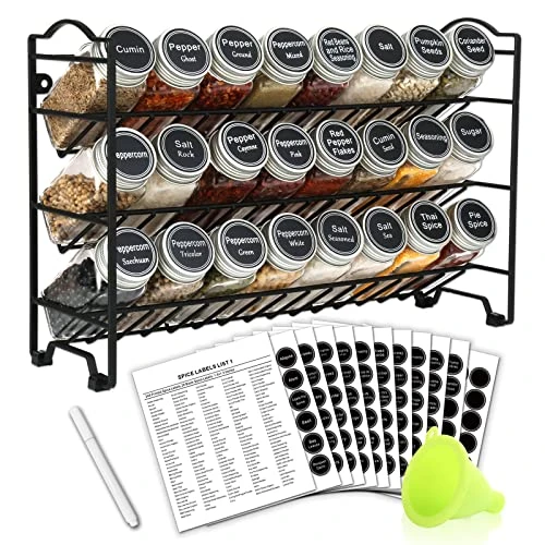 SWOMMOLY Spice Rack Organizer With 24 Empty Square Spice Jars, 396 Spice Labels With Chalk Marker And Funnel Complete Set, For Countertop, Cabinet Or Wall Mount, Black 1 SWOMMOLY Spice Rack Organizer With 24 Empty Square Spice Jars, 396 Spice Labels With Chalk Marker And Funnel Complete Set, For Countertop, Cabinet Or Wall Mount, Black