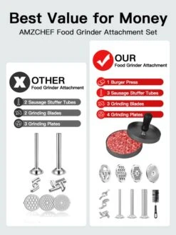 Metal Food Grinder Attachment For KitchenAid Stand Mixers, AMZCHEF Meat Grinder Attachments Included 3 Sausage Stuffer Tubes & A Holder,4 Grinding Plates,2 Grinding Blades, Burger Press,Cleaning Brush