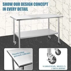 Ally Stainless Steel Table For Prep & Work 30 X 60 Inches With Caster Wheels, NSF Commercial Heavy Duty Table With Undershelf And Galvanized Legs For Restaurant, Home And Hotel -Peugeot Shop 51qfG2WiPOL