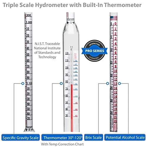 Thermo-Hydrometer ABV Tester Triple Scale For Beer/Wine - Pro Series American-Made Specific Gravity Hydrometer With Thermometer Temperature Correction, N.I.S.T Traceable (KIT) 5 Thermo-Hydrometer ABV Tester Triple Scale For Beer/Wine - Pro Series American-Made Specific Gravity Hydrometer With Thermometer Temperature Correction, N.I.S.T Traceable (KIT) - Image 5