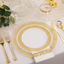 160pcs Gold Plastic Plates, Gold Silverware With Gold Napkins, Includes: 40Forks, 20Spoons, 20Knives, 20 Dinner Plates, 20 Dessert Plate，20 Plastic Cups 10oz, 20 Paper Napkins -Peugeot Shop 51rM7VjOxTL