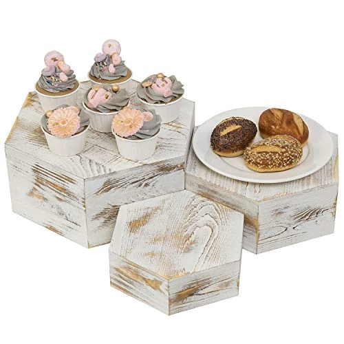 Shabby Whitewashed Wood Hexagonal Display Riser Stands For Cakes, Cupcakes, Desserts And Merchandise, Set Of 3 1 Shabby Whitewashed Wood Hexagonal Display Riser Stands For Cakes, Cupcakes, Desserts And Merchandise, Set Of 3