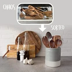 Utensil Holder – Crock - Caddy - Extra Large Ceramic Organizer For Kitchen Countertop - Modern Or Rustic Farmhouse Decor - Gray & Natural White - Jar Holds All Spatulas, Spoons & Tools -Peugeot Shop 51rqwC3SwwS