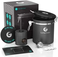 Nister – 6” Stainless Steel Airtight Coffee Containers For Ground Coffee W/Date Tracker, Co2-Release Valve, Measuring Scoop & Travel Jar - Medium, Gray -Peugeot Shop 51sJz6633L. AC