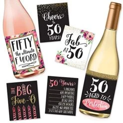 6 50th Birthday Wine Bottle Labels Or Stickers Present, 1971 Bday Milestone Gifts For Her Women, Cheers To 50 Years, Funny Fifty Pink Black Gold Party Decorations Supplies For Friend, Wife, Girl, Mom