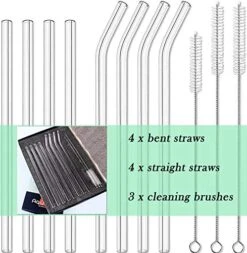 8pcs Glass Drinking Straws, Straight 9 Inches X 10mm Bent 8.2 Inches X 10mm, Reusable For Hot Or Cold Drinks, Eco Friendly, Cleaning Brushes Included