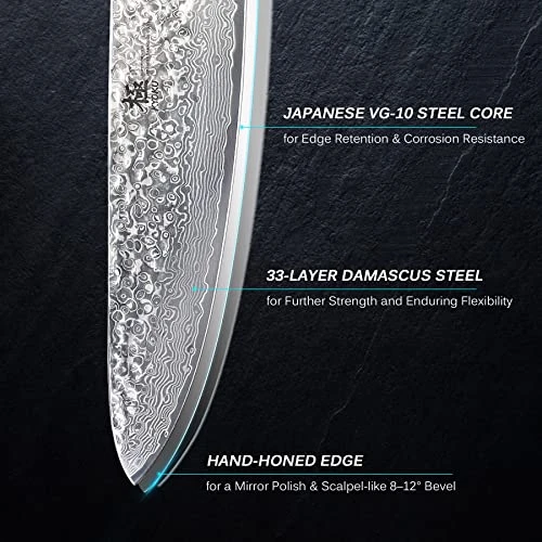 Chef Knife - 8"- Japanese VG10 Steel Core Hammered Damascus Blade - With Sheath & Case 3 Chef Knife - 8"- Japanese VG10 Steel Core Hammered Damascus Blade - With Sheath & Case - Image 3