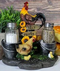 Country Farm Barnyard Rooster Hen And Chicks Family By Pails And Sunflowers Salt And Pepper Shakers Holder Figurine 7" H With Glass Shakers Decorative Animal Farmland Morning Crow Sunshine