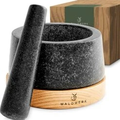 Mortar And Pestle - Mortar And Pestle Set With Anti-Scratch Oak Wood Base - Mortar With Extra Large Pestle Made Of Natural Granite - Large Mortar And Pestle - Ideal For Guacamole -Peugeot Shop 51su4WNWYyL 1
