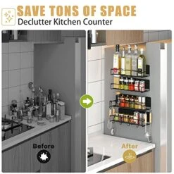 Lunememo Magnetic Spice Rack For Refrigerator, 4 Pack Magnetic Fridge Shelf With 8 Hooks, Strong Magnet & No Drilling, Black