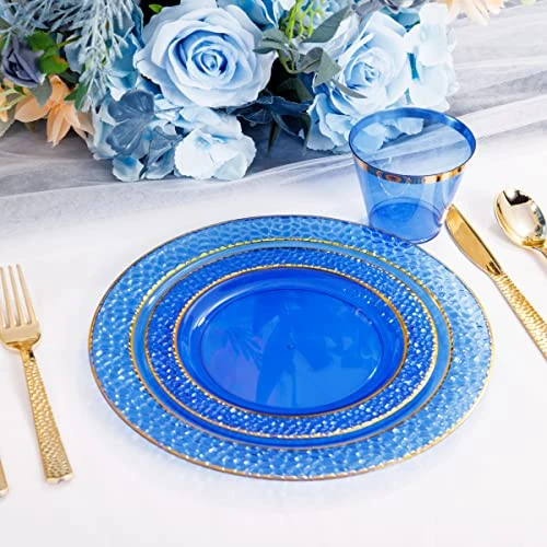 150PCS Clear Blue Plastic Plates & Gold Plastic Silverware - Disposable Gold Plastic Plates Include 50 Plates, 25Cups, 25Forks, 25Knives, 25Spoons For Party & Wedding & Graduation 2 150PCS Clear Blue Plastic Plates & Gold Plastic Silverware - Disposable Gold Plastic Plates Include 50 Plates, 25Cups, 25Forks, 25Knives, 25Spoons For Party & Wedding & Graduation - Image 2