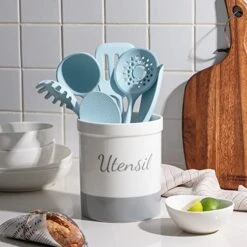 Kitchen Utensil Holder, 7.2" Ceramic Utensil Crock For Cooking Countertop, Housewarming, Wedding, Birthday Gift (Gray) -Peugeot Shop 51toWNHnNVL